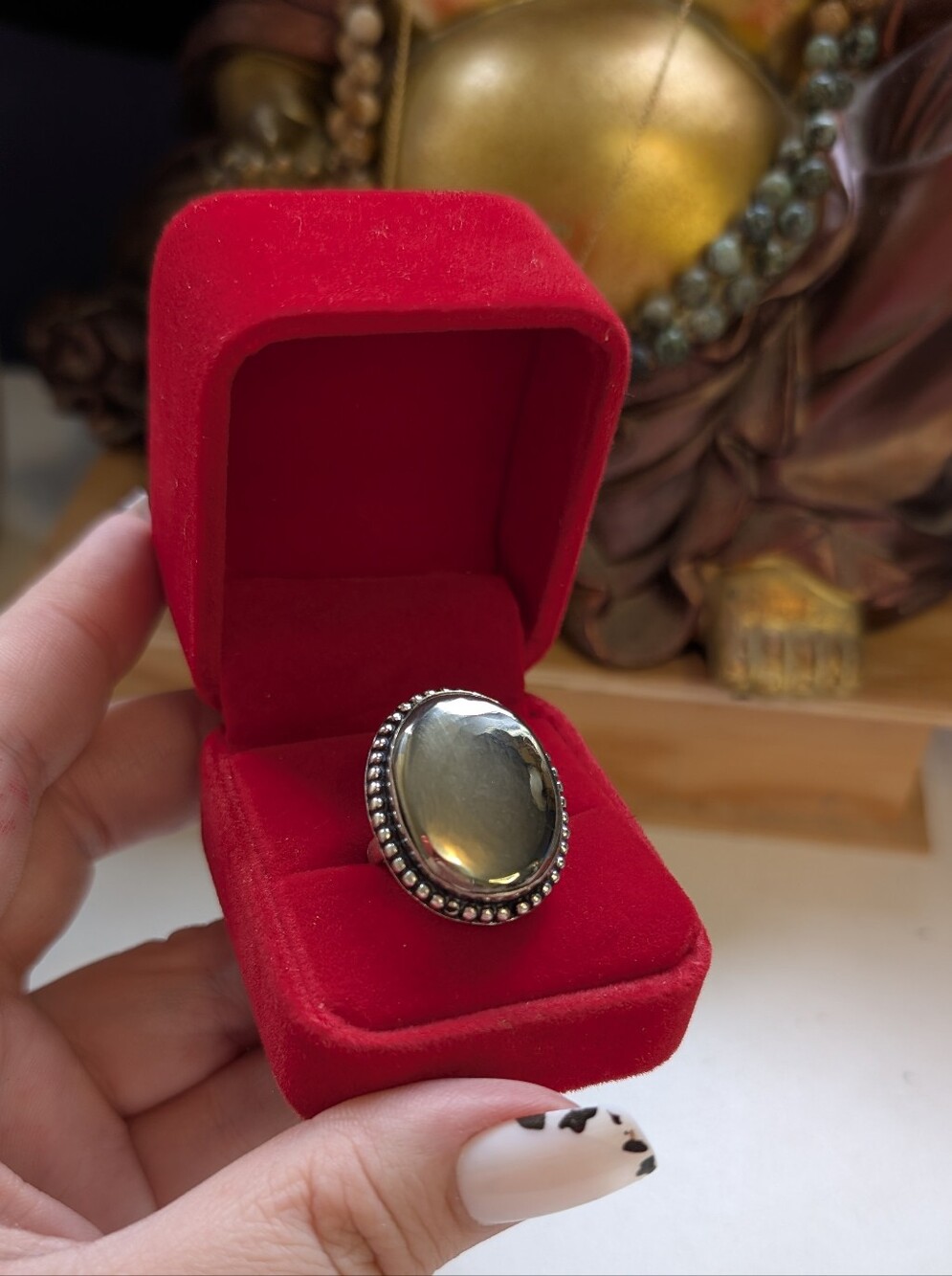 Vintage Sterling Silver Oval Pyrite Golden  Gemstone Statement 💍 Ring Size 5.75